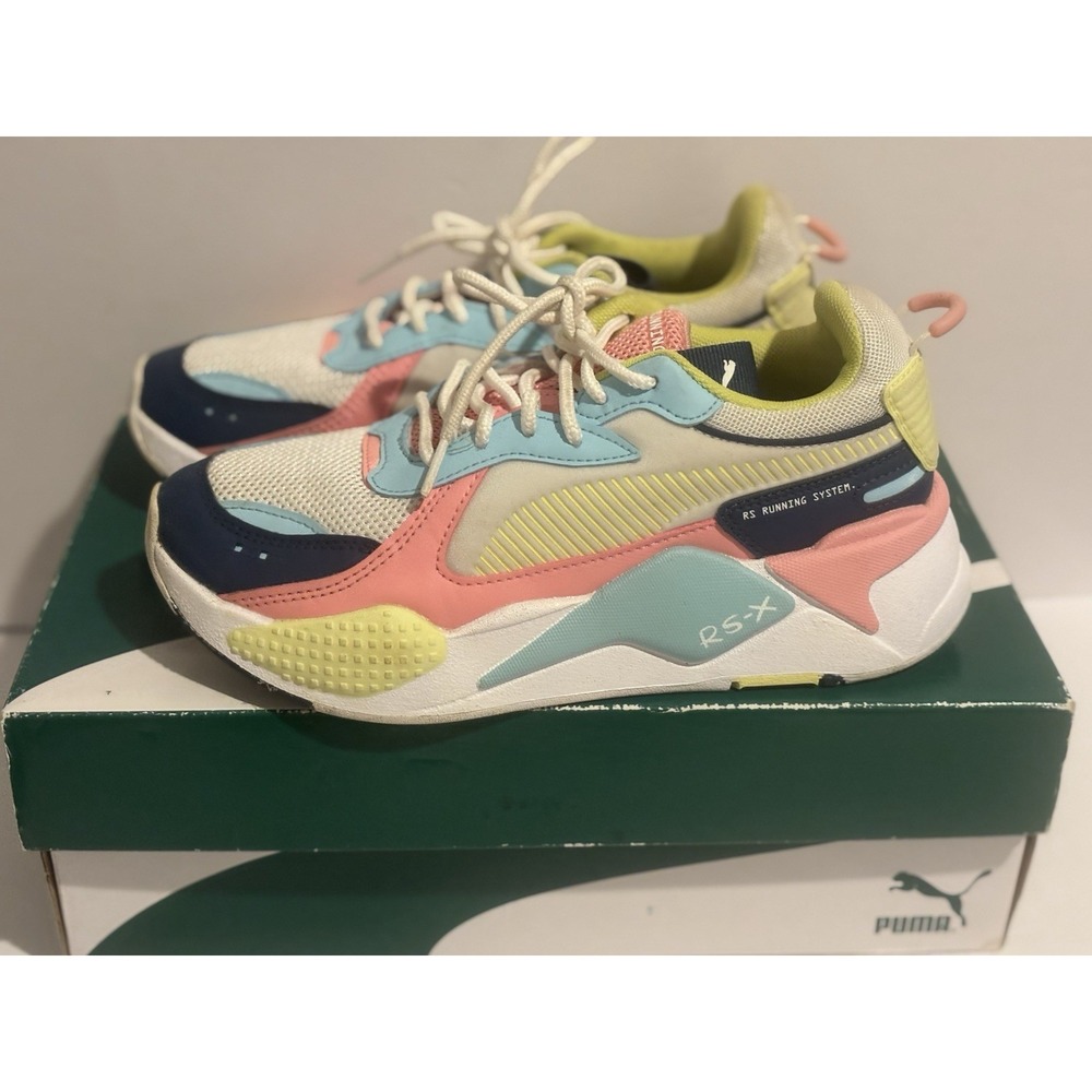 Puma RS-X Running‎ Shoes Boys Size 5C Kids Youth White Sneakers Yellow Blue Pink